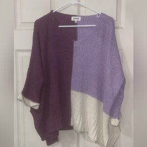 ADORA Tri-Tone Knit Poncho in Purple, Lavender, and White